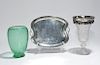 Three piece lot: Mexican sterling tray, clear glass vase  & a green unmarked Steuben vase