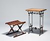 Art Deco wrought iron stand and Mid-Century teak & leather foot stool