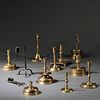 Eleven Early Brass Candlesticks and Wrought Iron Rush Light and Candle Snuffer