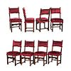 Juego de 8 sillas. Francia, siglo XX.Elaboradas en madera tallada de nogal. Con respaldos abiertos, asientos y tapicería de terciopelo.