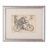Julián Diaz Valverde "Dival". "Hombre en bicicleta". Firmado Dival en la parte inferior. Tinta sobre papiro. Enmarcado en madera.