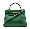 * An Hermes 32cm Green Leather Kelly Bag, 12 1/2 x 9 x 4 1/2 inches.