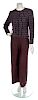 * A Chanel Bordeaux Wool and Silver Lurex Tweed Jacket, Jacket size 42, pants size 42.