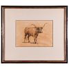 An ink on paper drawing of longhorn steer.