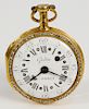French Gudin 18 karat gold open face pocket watch, having white enameled dial with Roman numerals and outer numbers, pierced balance...