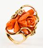 14 karat gold ring set with floral carved coral and one diamond.  overall size 23.7 x 38mm, size 6 1/2