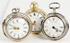 Three silver pair cased pocket watches including Robert Higgs London with white enameled face, Barend white enameled face watch havi...