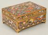 Japanese cloisonne covered box on four feet with butterfly on bottom, interior with bamboo trees, flowers, and birds.  ht. 2 1/4 i...
