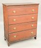 Queen Anne blanket chest having lift top over two false drawers over two drawers, set on boot jack ends, in old red paint.  ht. 48...