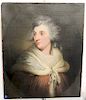 Circle of Gilbert Stuart (1755-1828),  oil on canvas,  Portrait of a woman with grey hair wearing white shawl,  oval painted,...