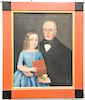 Primitive Folk Art portrait painting,  Father with Young Girl,  in blue dress holding a red book and rose,  22" x 18"