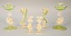 Group of six Venetian figural glass candlesticks including three pairs, each having dolphin supports.  ht. 4 3/4 in. to ht. 8 1/2 in.