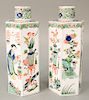 Pair of hexagonal Famille Verte covered jars, China, 20th century, painted in classic Kangxi style with figures of women and floral...