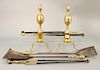 Federal fireplace lot including a pair of double lemon top andirons and five brass tools: three tongs and two shovels, circa 1840. <...