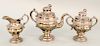 Federal silver three piece tea set with floral finial, early 19th century (sugar with hole drilled in base, unmarked).  80 t oz.
