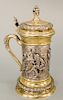 Continental silver tankard top and bottom gilt decorated  body with embossed interior bar scene.  ht. 11 3/4 in., 39.1 t oz.