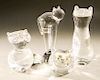 Four Steuben glass animals/cats including Fraidy Cat on ball, tall glass cat, glass cat with green eyes, and a fox, all signed on bo...