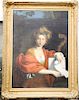 Large oil on canvas portrait painting of a girl with red robe holding a rolled music sheet, in large gold frame, 18th/19th century....