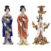 MIXED LOT OF EUROPEAN PORCELAIN FIGURES AND A CANDELABRA. 20TH CENTURY.