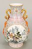 Famille Rose Republic Hu vase with gilt handles and raised orange bats and delicately painted with reserves o...