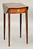 George III diminutive mahogany drop leaf table with drawer on square tapered legs, circa 1800.  ht. 27 in., open wd. 23 in., dp. 1...