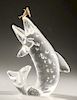 Steuben glass and 18 karat gold sculpture, Trout with Fly, designed by James Houston #1002, introduced 1966.  ht. 8 in.  Conditi...