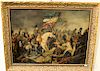Napoleon leading the war, battle scene, oil on tin, 19th century or earlier, unsigned.  16" x 21 3/4"