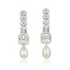 A Pair of Platinum Diamond and Cultured Pearl Drop Earrings