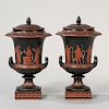 Pair of Wedgwood Encaustic Decorated Krater Vases and Covers