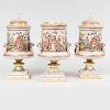 Set of Three Large Capodimonte Porcelain Urns and Two Covers
