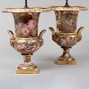 Pair of Derby Style Gold Ground Porcelain Urns, Mounted as Lamps