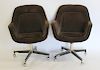 Pair Knoll Upholstered Brown Chairs on Wheels