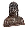 A Bronze Native American Bust Height 17 1/2 x width 17 1/2 x depth 8 inches.