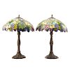 Pair Tiffany Style Leaded Glass Table Lamps