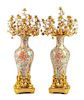 A Pair of Monumental French Gilt Bronze and Porcelain Mounted Candelabra Height 54 inches.
