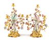 A Pair of French Gilt Bronze and Porcelain Three-Light Candelabra Height 22 inches.