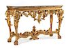 An Italian Giltwood Console Table Height 39 1/2 x width 63 x depth 25 inches.