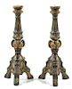 A Pair of Italian Painted and Parcel Gilt Prickets Height 39 3/4 inches.
