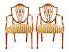 A Pair of George III Mahogany and Marquetry Armchairs Height 37 inches.