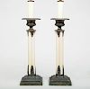 Pair of Silvered Metal-Mounted Cream Painted Lamps