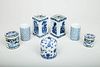 Two Modern Chinese Brass-Banded Blue and White Porcelain Cylindrical Boxes and Covers, another Box, Pair of Block-Form Vases and a P...