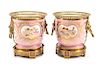 A Pair of Gilt Bronze Mounted Sevres Style Porcelain Cache Pots Height 11 inches.