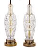 A Pair of Cut Glass Table Lamps Height overall 34 inches.