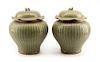 A Pair of Chinese Celadon Glazed Covered Vases Height 14 inches.