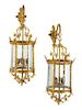 A Pair of English Gilt Bronze and Etched Glass Wall Lanterns Height 31 inches.