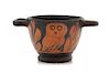 * An Apulian Red Figured Owl Skyphos Height 2 7/8 x width 5 7/8 inches.