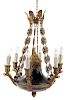 An Empire Style Tole and Gilt Bronze Six-Light Chandelier Height 34 x diameter 26 inches.