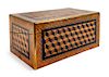 An English Brass Banded Parquetry Writing Box Height 10 x width 21 x depth 13 inches.