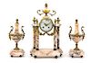 A French Gilt Bronze and Marble Clock Garniture Height of clock 16 1/2 inches.