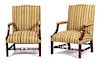 A Pair of George III Chinese Chippendale Style Upholstered Armchairs Height 42 x width 29 x depth 25 inches.